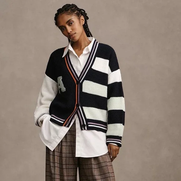 Daily Practice Anthropologie Oversized V Neck Cardigan Sweater Letter A Large - Picture 1 of 6